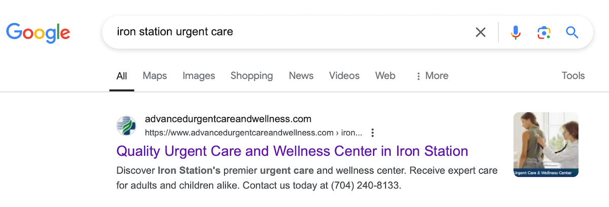 Screenshot of organic search results for an urgent care clinic.