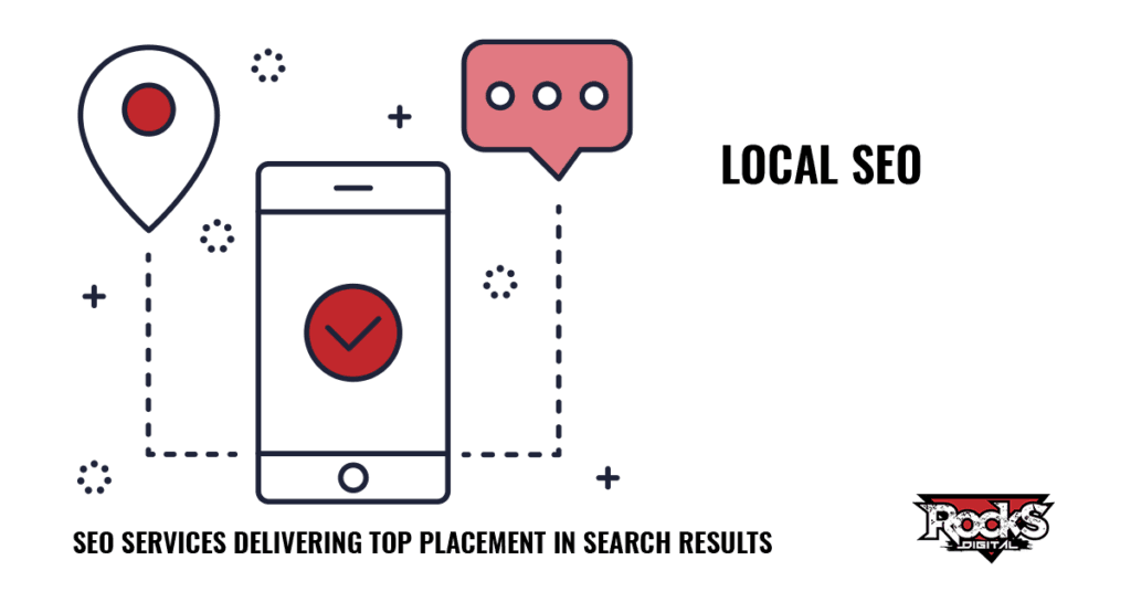 Local SEO services graphic illustrating a location pin and chat bubble on a smartphone representing online visibility for businesses provided by Rocks Digital.