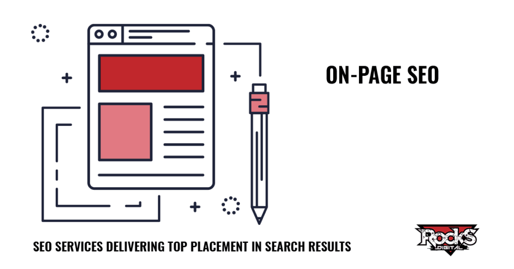 On-page SEO graphic featuring a structured layout highlighting content optimization provided by Rocks Digital digital marketing services.