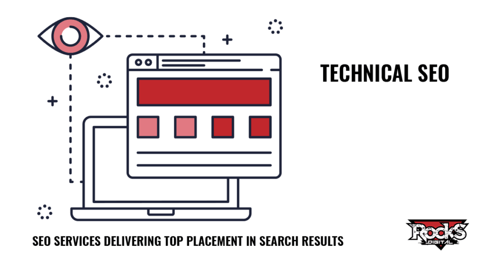 Technical SEO graphic with a laptop, a browser window, and an eye icon, symbolizing website visibility and optimization with Rocks Digital marketing agency services.