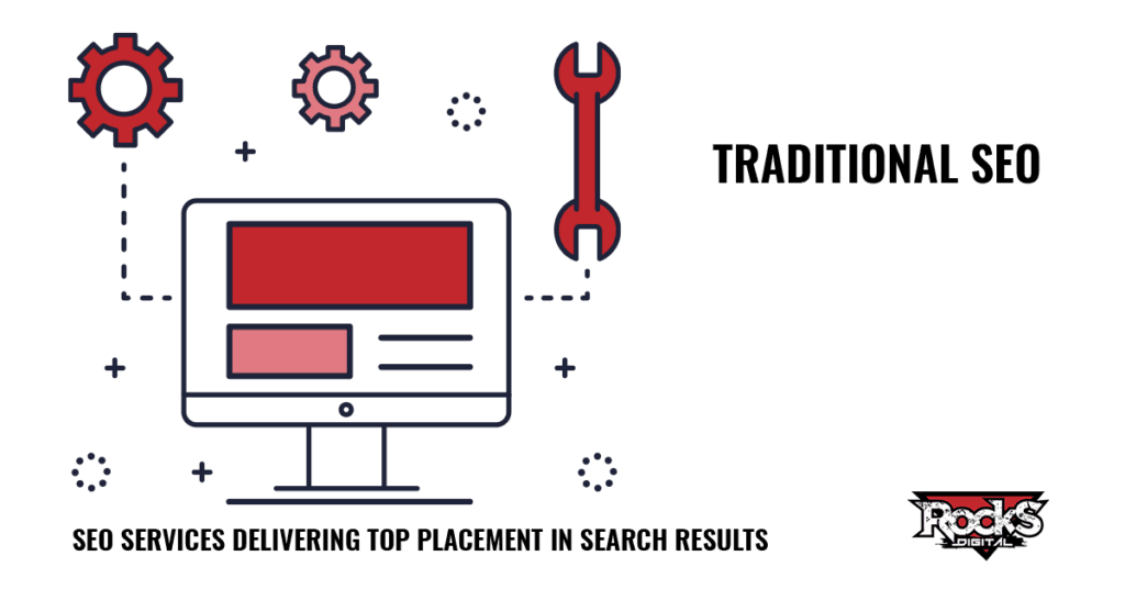 Traditional SEO graphic with a computer monitor and tools representing website optimization provided by Rocks Digitals expert digital marketing solutions.